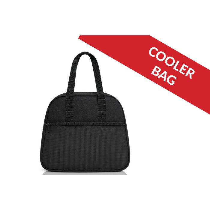 CL5505 BLACK RETRO COOLER BAG WITH BACK STRAP TO FIT OVER SUITCASE HANDLE.